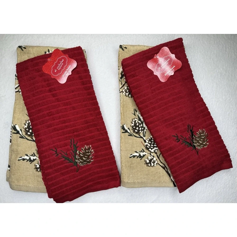 St. Nicholas Square Pinecone Kitchen Towels Set of 2 NWT Christmas Lodge
